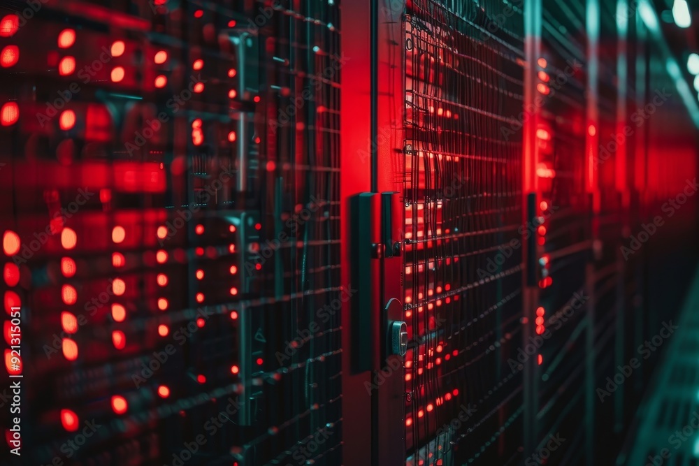 Poster server room in data center with red lighting indicating data activity and security measures, interpr