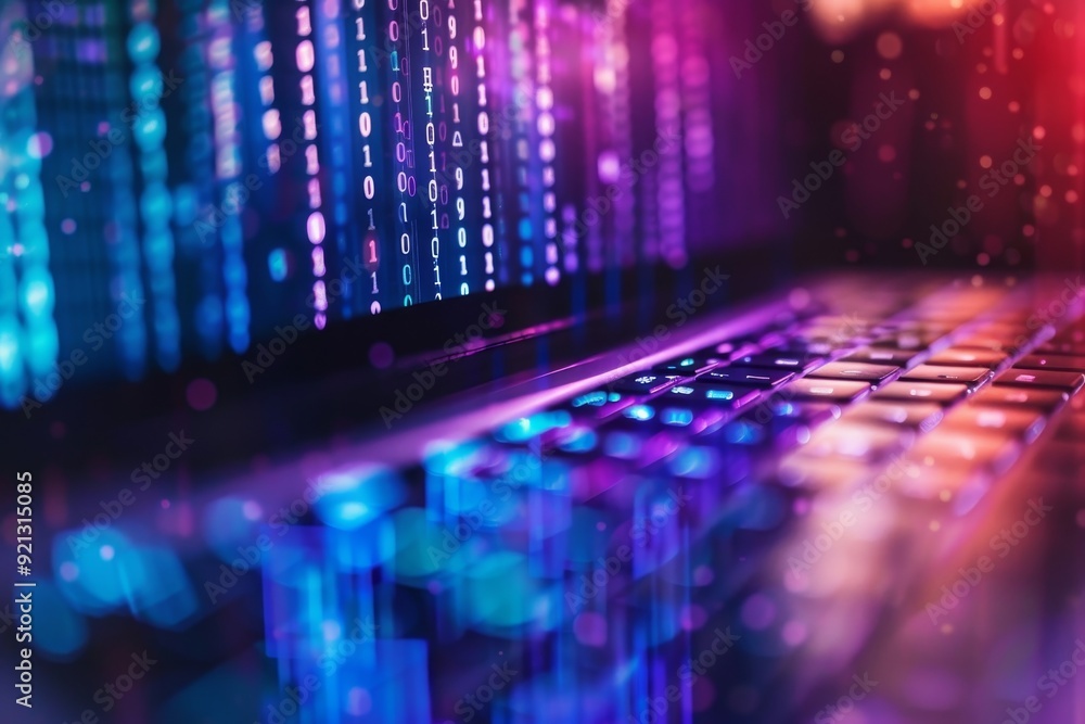 Aufkleber a laptop computer with colorful lights glowing on its surface, symbolizing data security and breache