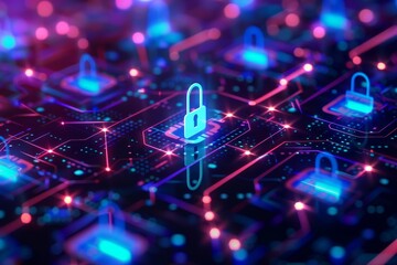 Obraz premium A padlock securely fastened on a circuit board, symbolizing data security and protection from breaches, Interpret the idea of data breaches and their consequences for online privacy
