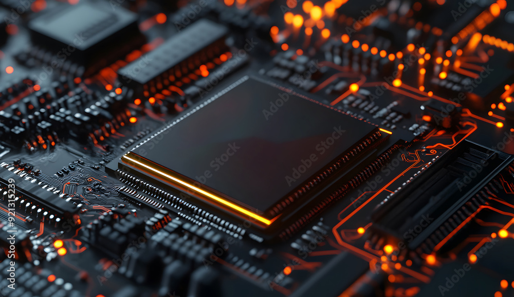 Poster a close-up view with the acronym html displayed on a microchip, representing the concept of hypertex