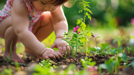 Close-up of baby girl hands carefully planting a flower tree in the home garden