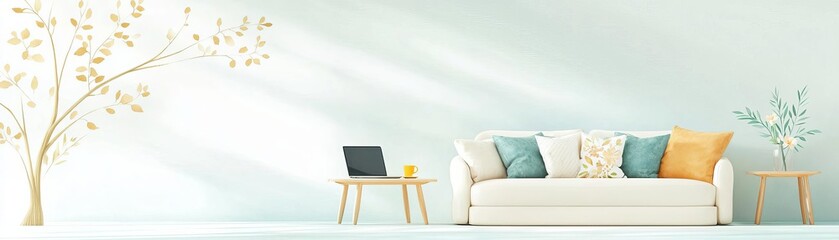 Fototapeta premium A Scandinavian-inspired living room setup with a plush sofa, adjustable coffee table, and laptop, combining elegance with functionality