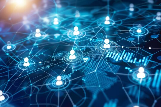 A network of people connected to each other on a blue background, representing communication and connectivity, Interpretation of technology enabling seamless communication among remote individuals