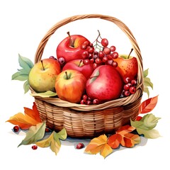 Thanksgiving cornucopia watercolor illustration. Holiday greeting card basket painting for Thanksgiving or Halloween.