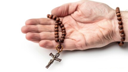 Hand holding a wooden rosary with a cross on white background. Classic and simple religious accessory. Ideal for concepts of faith, spirituality, and prayer. Close-up shot for editorial use. AI
