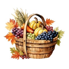 Thanksgiving cornucopia watercolor illustration. Holiday greeting card basket painting for Thanksgiving or Halloween.