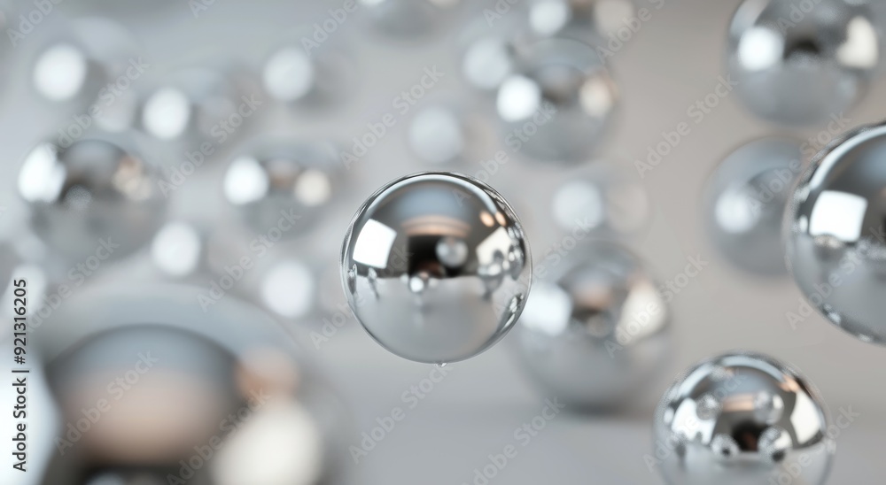 Poster floating metallic spheres on a soft background in a contemporary setting