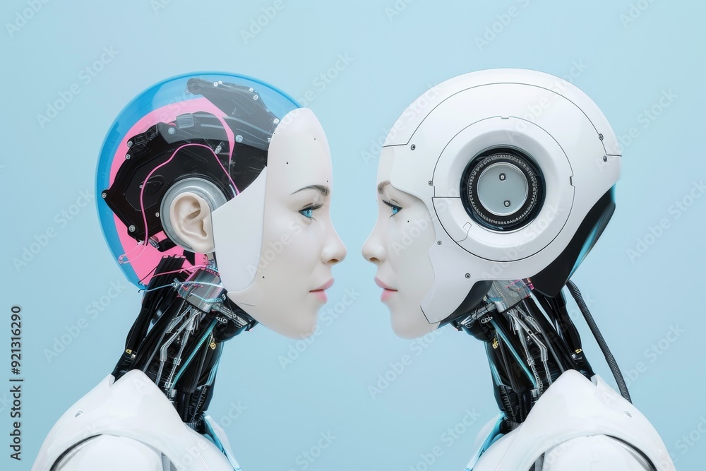 Poster two robots standing and facing each other against a blue background, interpreting the relationship b
