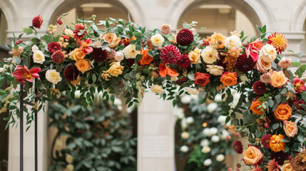 Fototapeta premium Floral Arch Decorated With Orange and Red Roses and Dahlias