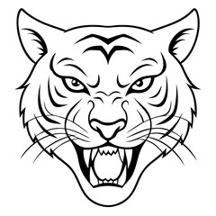 Obraz premium Ferocious Tiger Head Vector Illustration Black and White Line Art Animal Face for Tattoos and Logos