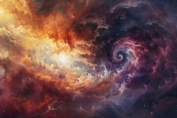 A painting depicting a spiral nebula swirling in the vastness of space, Interstellar clouds swirling in a cosmic storm