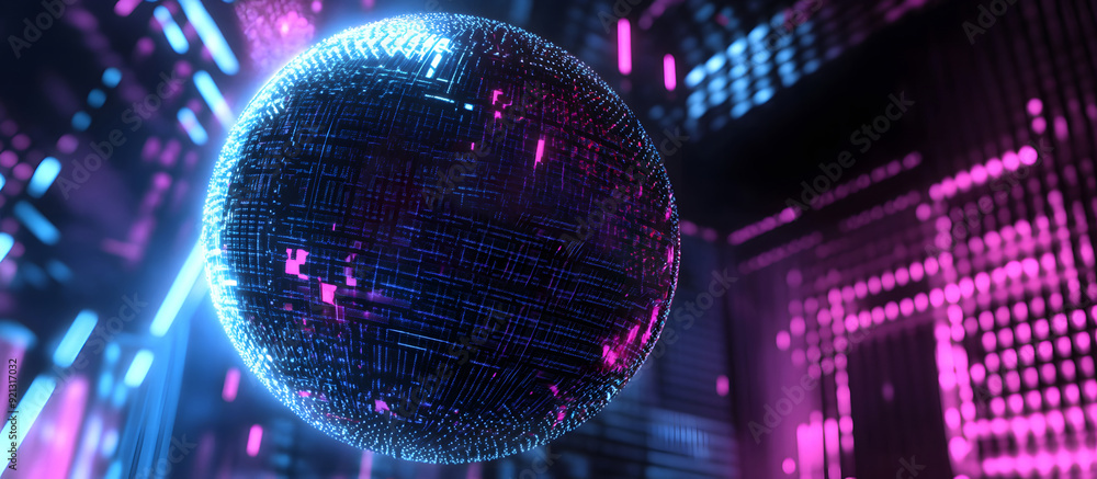 Poster a high-tech banner design where the text data protection is rendered within a holographic sphere. re