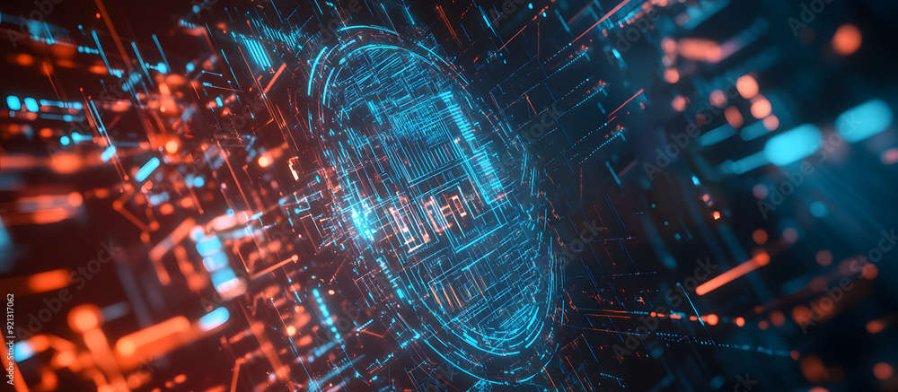 Poster a high-tech banner design where the text data protection is rendered within a holographic sphere. re
