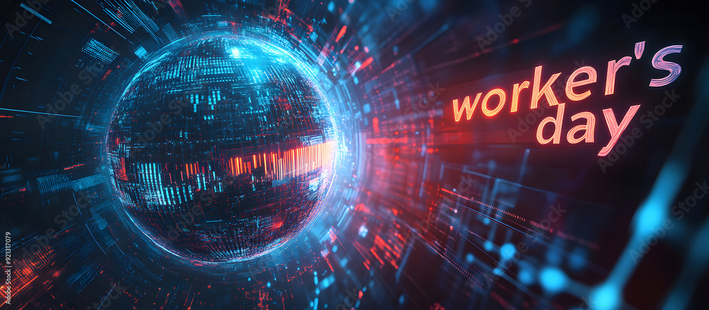 Poster a high-tech banner design where the text data protection is rendered within a holographic sphere. re