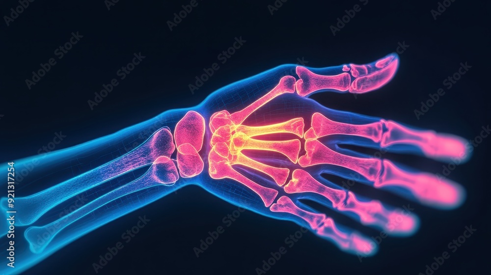 Poster 3d rendering of a human hand's skeletal structure, highlighting inflammation or arthritis in a vibra