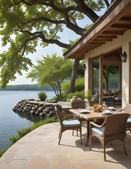 A hotel front with a beautiful sea view and a pool..