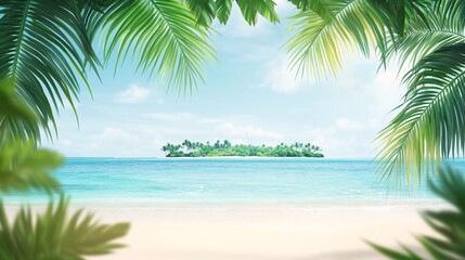 beautiful tropical beach with white, crystal clear blue, palm, background is an island, greenery. The sky, fluffy clouds in shades of light gray, navy, shows, up view through two leaves hanging