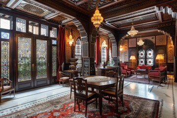 Fototapeta premium A luxurious living room adorned with intricate details, featuring ornate ceilings and exquisite furnishings, Intricate architectural details throughout the space