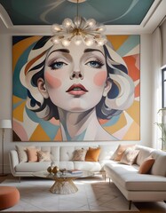 a beautiful interior with a unique sofa and a big woman's face abstract painting hanging on the wall..