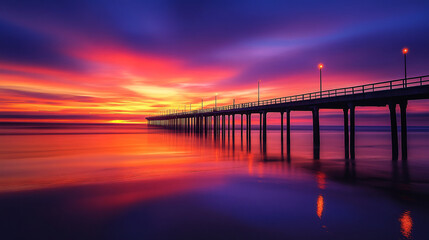 Fototapeta premium Twilight Serenity: Vibrant Sunset Over Ocean Pier