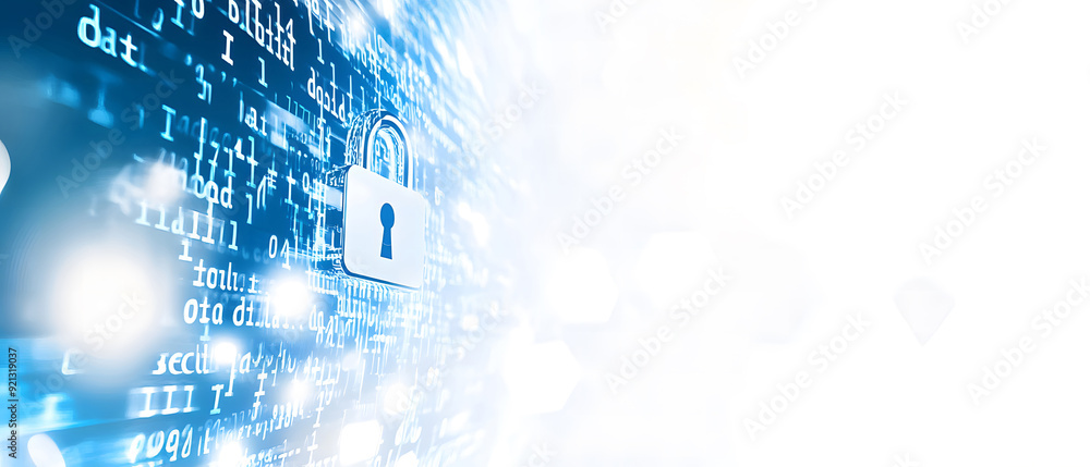 Poster a high-tech banner design where the text data security with a digital padlock design