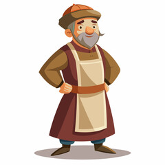 A middle-aged man in a robe and apron with a cap on his head art vector illustration