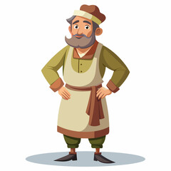 A middle-aged man in a robe and apron with a cap on his head art vector illustration