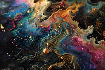 Obraz premium Intricate, vibrant swirls and bubbles in a colorful abstract painting, Intricate designs created with colored powders