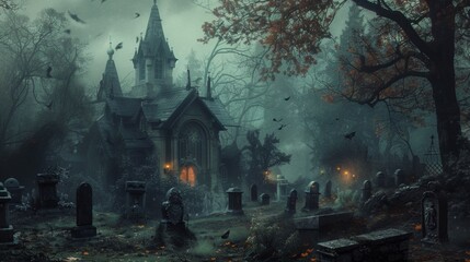 Haunted graveyard with Gothic church, tombstones, and bats under a foggy, eerie atmosphere