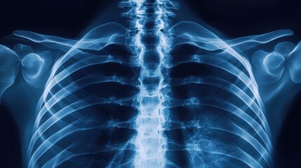 X-ray image of human torso showing ribs and spine in detailed view, ideal for medical and healthcare related uses.