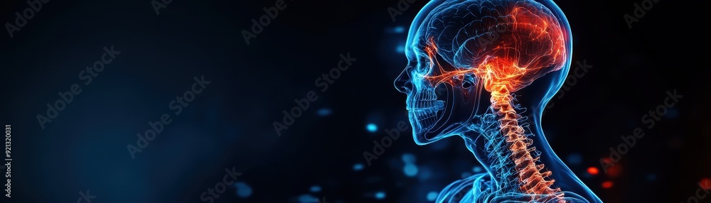 Poster digital rendering of the human nervous system in a side profile, highlighting the brain and spinal c