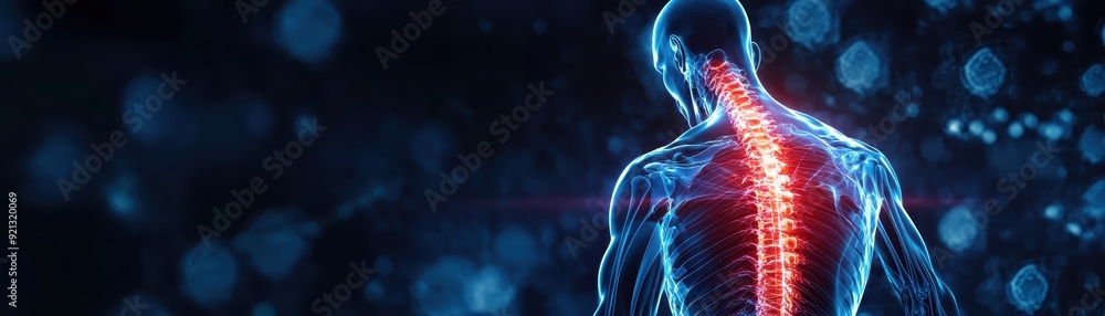 Poster digital rendering of the human spine highlighted in red, focusing on medical anatomy and neural path