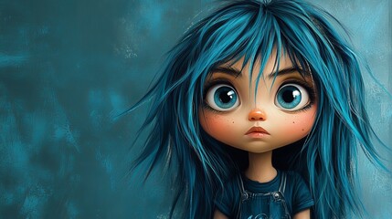 A girl with blue hair and oversized eyes stands against a teal background