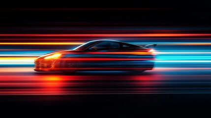 A sleek car racing through colorful light streaks at night