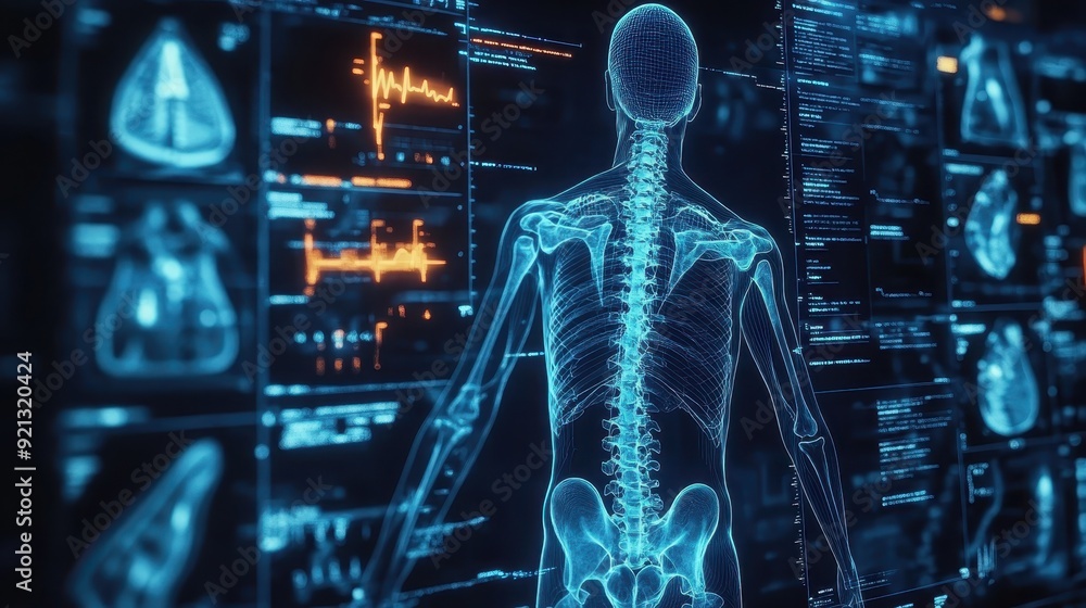 Poster futuristic medical technology interface showing human skeletal system with digital data and analysis