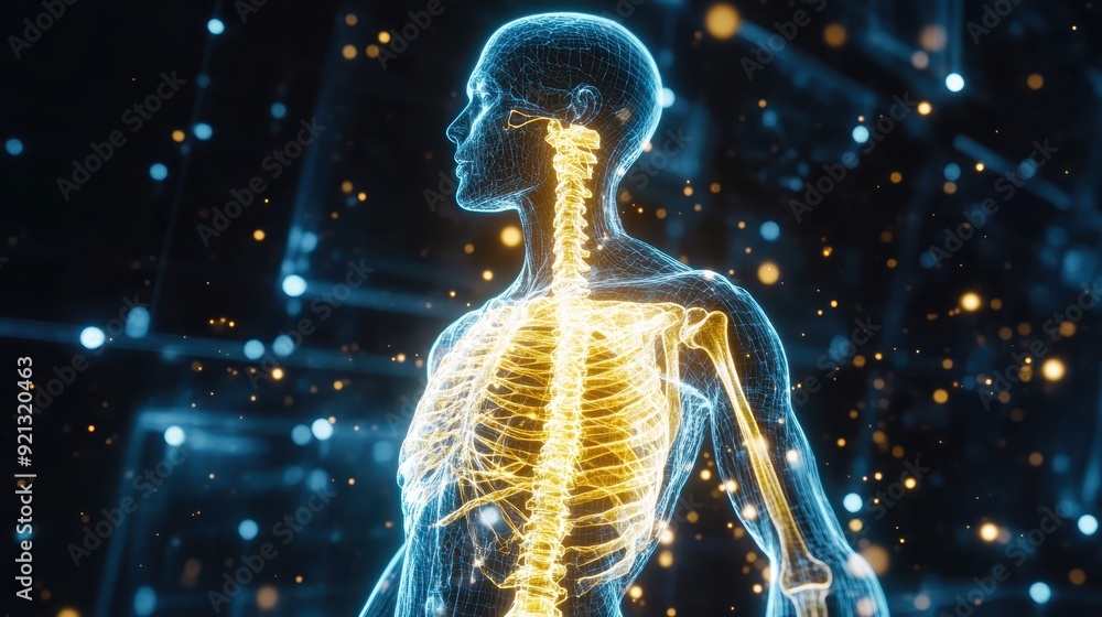 Poster digital representation of the human nervous system, highlighting spinal cord and neural pathways aga