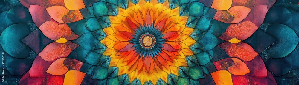 Poster vibrant abstract kaleidoscope pattern with a burst of warm and cool colors, creating a mesmerizing s