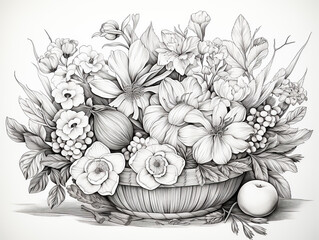 Basket with flowers and apples. Black and white illustration for coloring book