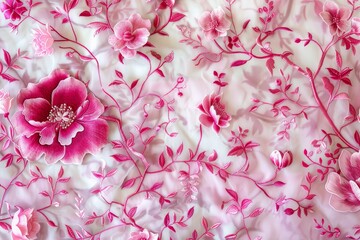 Detailed close-up of pink flowers against a clean white background, Intricate floral motifs in shades of pink, reminiscent of a garden in bloom