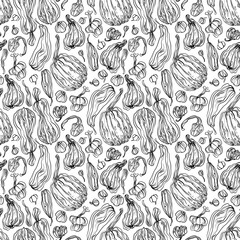 Seamless vector pattern featuring pumpkins of various shapes in a graphic style. The pattern is designed for packaging, kitchen textiles, website design, greeting cards, backpacks, and tote bags.