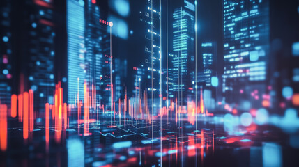 Obraz premium Smart digital city with connection network that is at the cutting edge of innovation in technology and business with bright, modern skyscrapers. Backgrounds for technology and charts and graphs