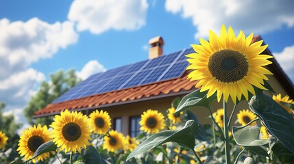 Solar Panel on The House Roof, Alternative Generator Energy. Garden summer light, clear sky, and sunflowers. High quality AI generated image