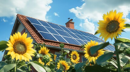Solar Panel on The House Roof, Alternative Generator Energy. Garden summer light, clear sky, and sunflowers. High quality AI generated image