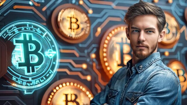 Confident young man in a denim shirt stands in front of a futuristic backdrop featuring glowing Bitcoin symbols and circuitry. The image conveys a strong sense of confidence, technology, and the fut