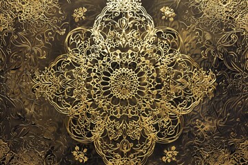 Detailed gold lacework pattern on black backdrop, Intricate gold pattern resembling fine lacework