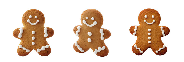 Christmas theme. Three cheerful gingerbread cookies with icing details, perfect for holiday celebrations and festive baking themes. transparent background