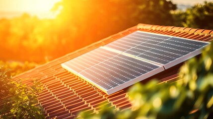 A large number of black solar panels on the red tile roof. AI generated image