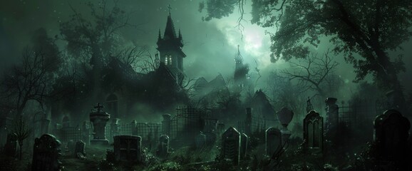 Haunted graveyard with Gothic church, tombstones, and bats under a foggy, eerie atmosphere Wide web banner