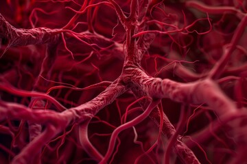 Intricate intertwining of veins and arteries in vivid red color, showcasing the inner workings of the circulatory system, Intricate intertwining of veins and arteries in shades of crimson