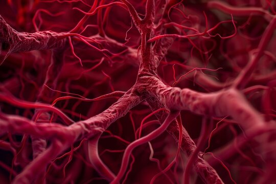 Intricate intertwining of veins and arteries in vivid red color, showcasing the inner workings of the circulatory system, Intricate intertwining of veins and arteries in shades of crimson